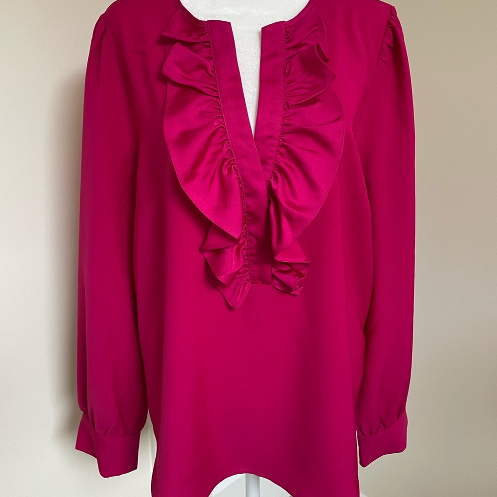 JCrew Long-sleeve ruffle-front top in satin crepe